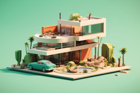 3d render of a house with a car on a green backgroundの素材