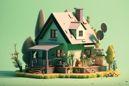 3D rendering of a small house with a garden and a bicycleの素材
