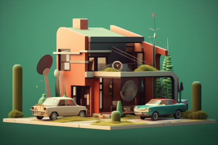 3d illustration of a city with houses and cars on a green backgroundの素材