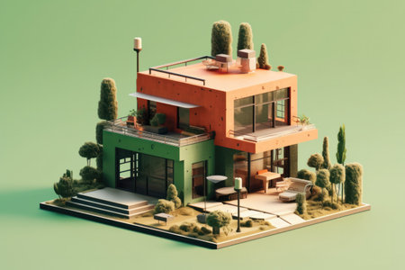 Model of a modern house on a green background. 3d renderingの素材