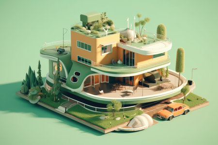 Model of the house on the green background. 3D illustration.の素材
