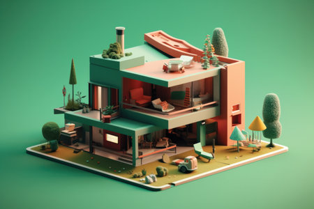 3d illustration of a model of a building on a green backgroundの素材