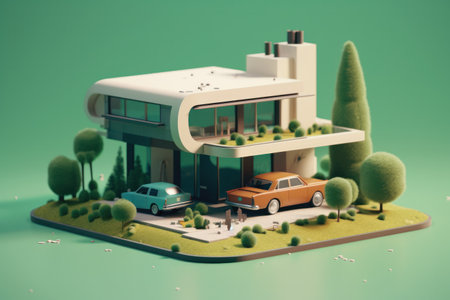 3d illustration of a modern house on a green background with a carの素材