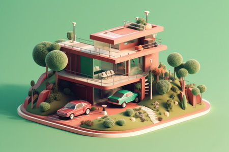 3d render of a house with a car on the roof.の素材