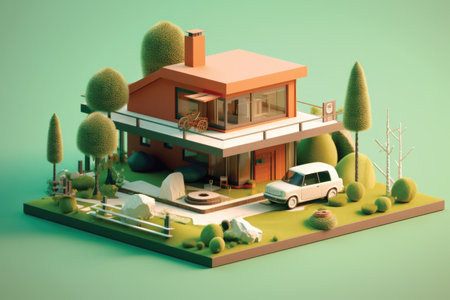3d rendering of house with garage and driveway in isometric viewの素材