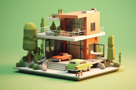 House model with trees and car on green background. 3d renderingの素材