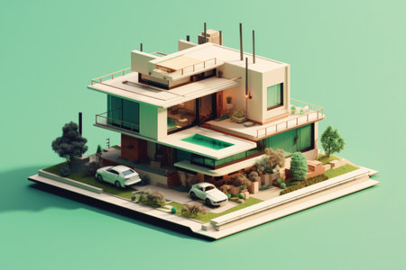3d rendering of modern cozy house on the map. Isolated on green background.の素材
