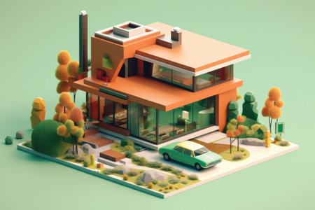 3d model of a modern house on a background of green treesの素材