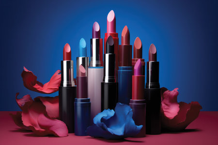 Lipsticks and petals on a blue background. 3d renderingの素材