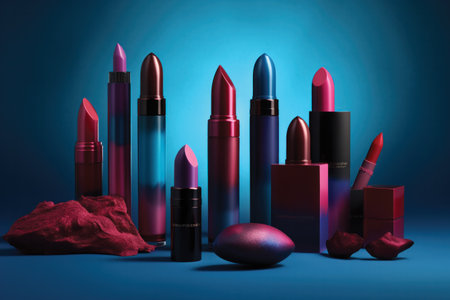 Lipsticks and stones on a blue background. 3d renderingの素材