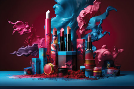 Cosmetics and paint splash on a red background. 3d renderingの素材