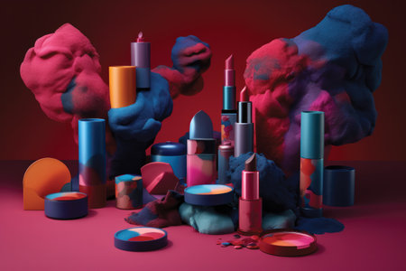 3d rendering of a lot of colorful cosmetics on a red backgroundの素材