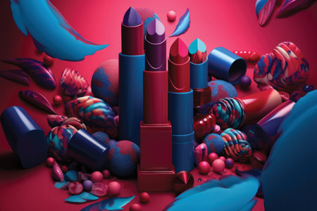 3d illustration of colorful crayons on a red background.の素材