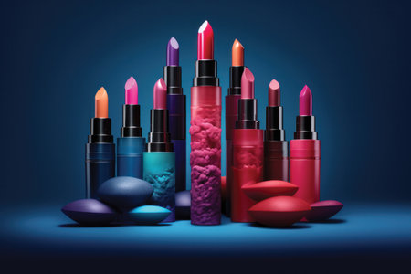 Lipsticks and cosmetics on a blue background. 3d renderingの素材