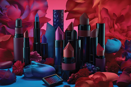 Lipsticks, flowers and cosmetics on a red background. 3d renderingの素材