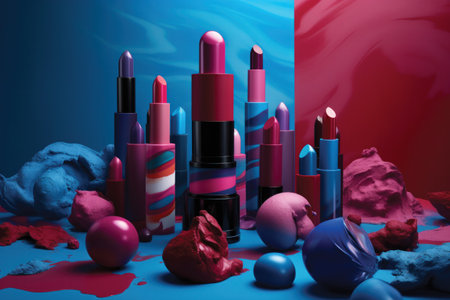 Lipsticks and crumpled paper balls on red and blue backgroundの素材