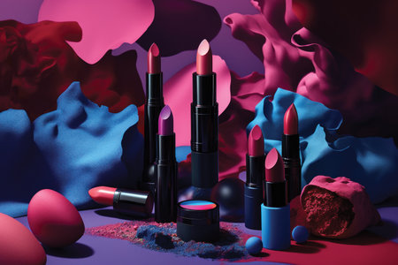 Lipsticks and makeup products on colorful background. 3d renderingの素材