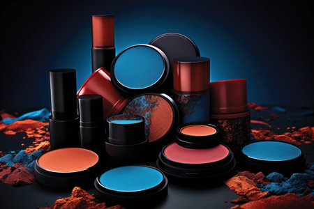 Cosmetics and make-up products on blue background. 3d renderingの素材