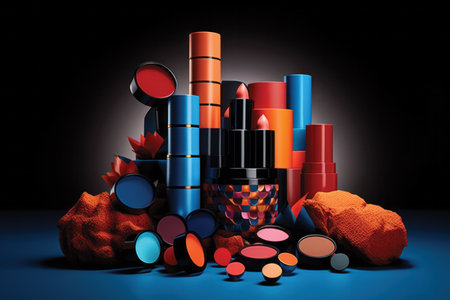 Cosmetics and make-up products on black background. 3d renderingの素材