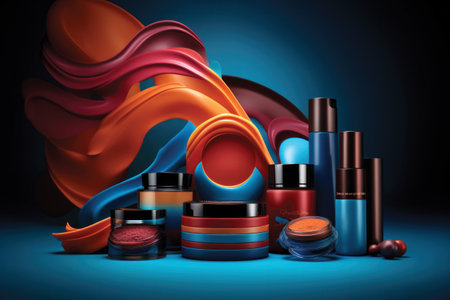 Cosmetic set on a blue background. 3d rendering, 3d illustrationの素材