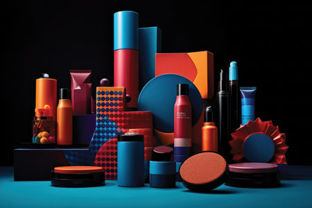 Cosmetic products on dark background 3D illustration. Beauty, fashion, skincare and make-up conceptの素材