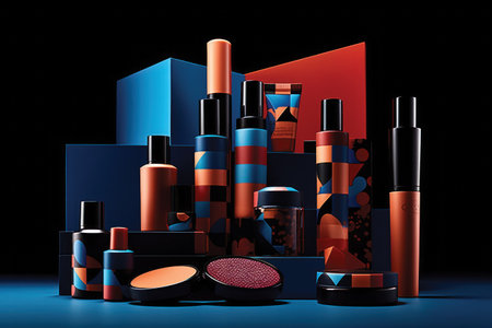 Cosmetics and makeup products on black background. 3d rendering.の素材
