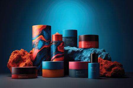 3d rendering of cosmetic bottles on blue background. 3d illustrationの素材