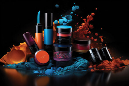 Cosmetics with paint splashes on black background. 3d renderingの素材