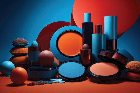 Cosmetics and makeup products on a blue background. 3d renderingの素材
