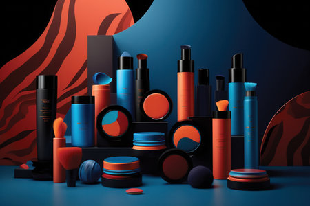 Cosmetics and makeup products on a dark background. 3d renderingの素材