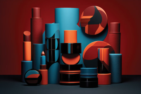 3d illustration of cosmetic products in blue and orange colors on dark backgroundの素材