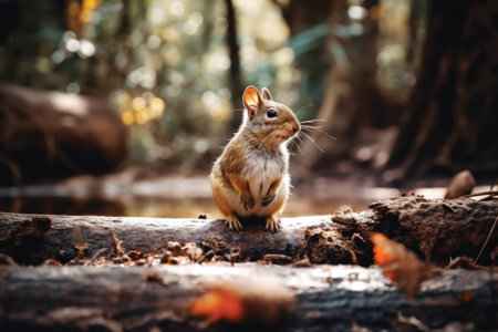 Cute squirrel sitting on a log in the forest. Selective focus.の素材