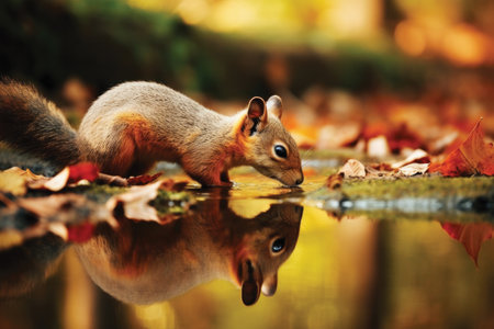 Squirrel in the autumn forest with reflection in water, closeupの素材