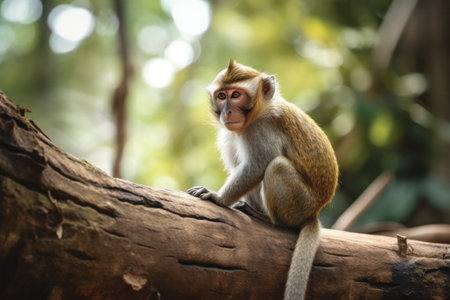 Monkey sitting on a log in the forest, Macaca fascicularisの素材