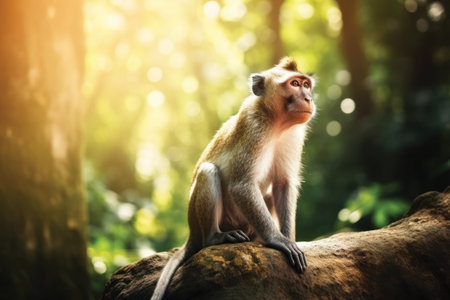 Monkey sitting on the rock in the forest at sunset, Thailandの素材