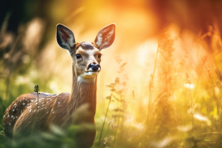 Fawn in the meadow at sunset. Beautiful animal portrait.の素材