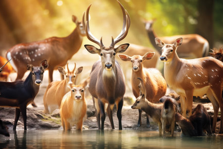 Group of deer in the zoo at morning time, Wildlife concept.の素材