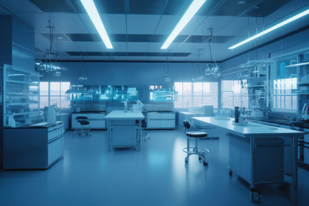 interior of a modern laboratory with equipment and science experiments, blue tonedの素材