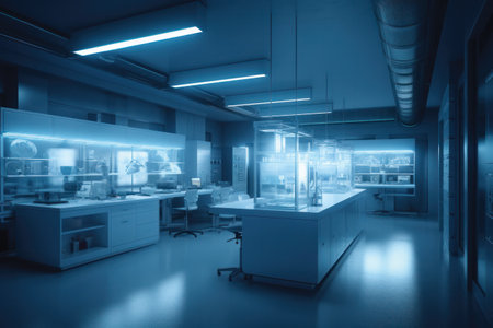 Interior of a modern scientific laboratory. Blue toned image.の素材
