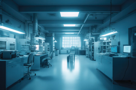 Interior of a modern scientific laboratory. Blue toned image.の素材