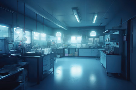 Chemical laboratory interior. Blue toned image with shallow depth of fieldの素材