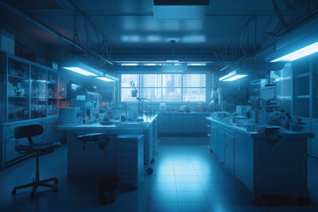 Interior of a modern laboratory with blue lights. 3d renderingの素材