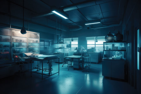 Interior of a modern medical office. Blue toned image.の素材