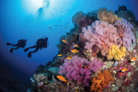 Scuba diving on a colorful tropical coral reef in the Red Seaの素材
