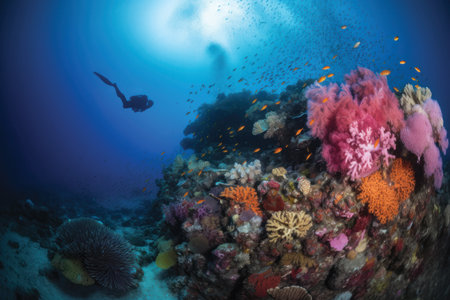 Tropical coral reef and scuba divers in the Red Seaの素材