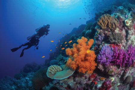 Scuba diver and colorful tropical coral reef in the Red Sea.の素材
