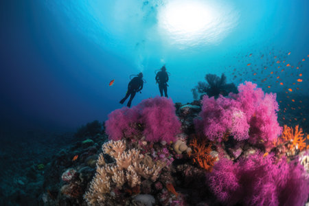 Scuba diving on a colorful tropical coral reef in the Red Seaの素材