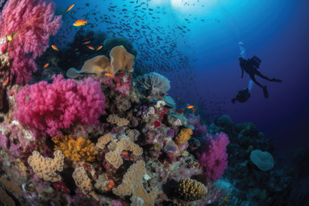 Scuba diving on a colorful tropical coral reef in the Red Seaの素材