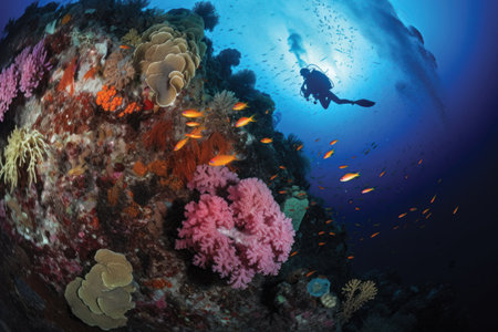 Colorful tropical coral reef and a silhouette of a scuba diverの素材