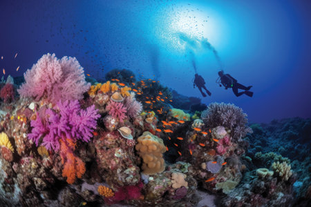 Scuba diving on a tropical coral reef in the Red Sea.の素材